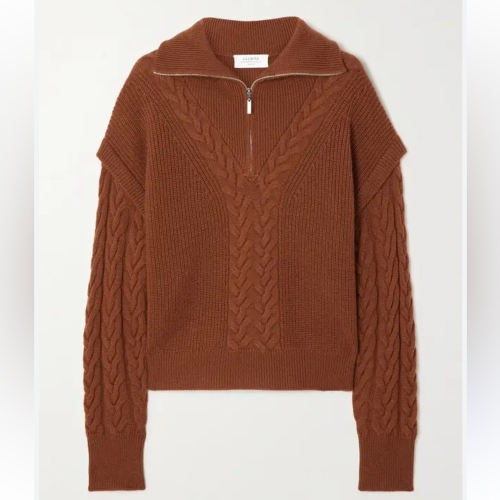 NEW La Ligne Cable Bastien Merino Wool Sweater in Rust Brown 1/2 Zip Sz Large
